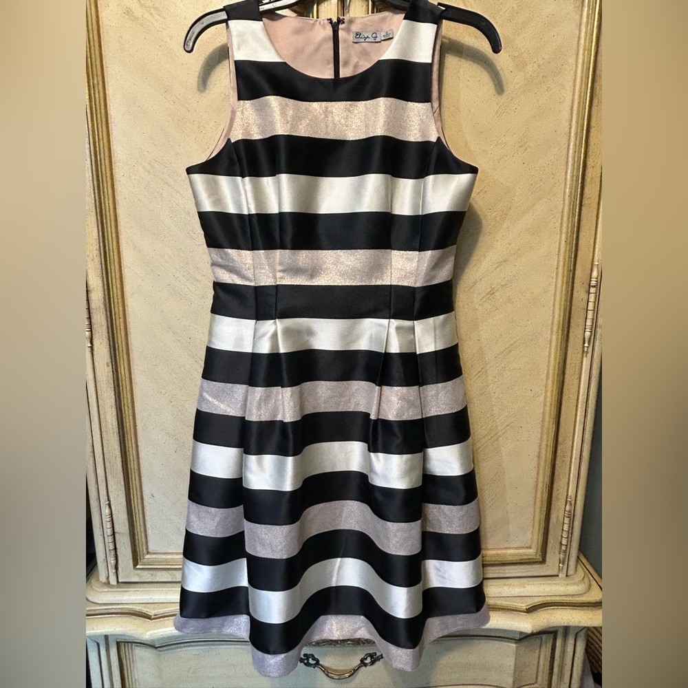 Striped Fit & Flare Dress - Black, Cream & Metallic Gold